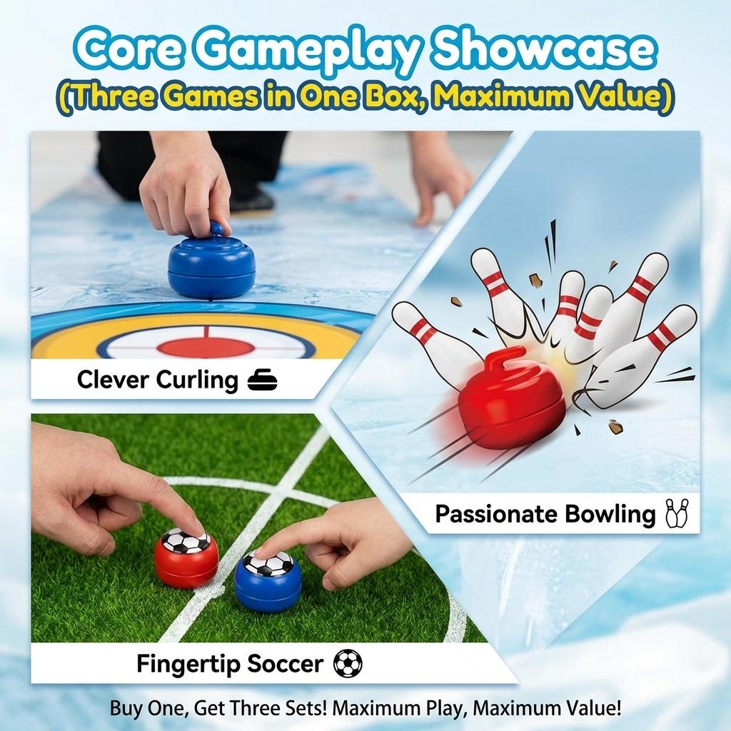 Multi-Game 3-in-1 Tabletop Sports Set | Portable Mini Curling, Soccer, Bowling | Indoor Fun for Kids Adults | Family Game Night, Party & Travel
