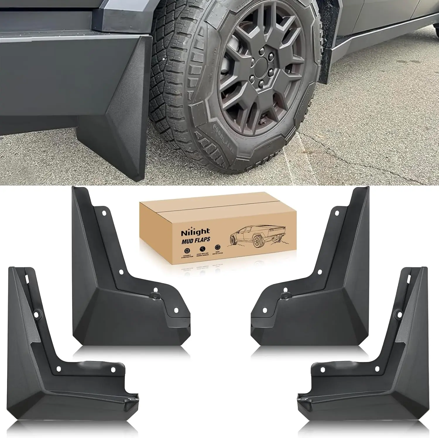Nilight Heavy-Duty Mud Flaps for Tesla Cybertruck 2023-2025, PP+TPO Blend Splash Guards, No-Drilling Clip-On Install Precision-Fit Front/Rear Set, Wheel Protection Car Exterior Accessories, 24/7 Customer Support, Automotive, Car Accessories