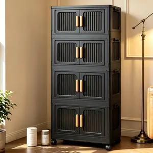 Black 18.5-inch Stackable Multi-Purpose Clear Storage Organizer, Foldable Multi-Tier Plastic Storage Bin  Space-Saving Organizer with Lid and Wheels, Storage Container for Pantries, Living Rooms, Rooms, Bedrooms, and Kitchens