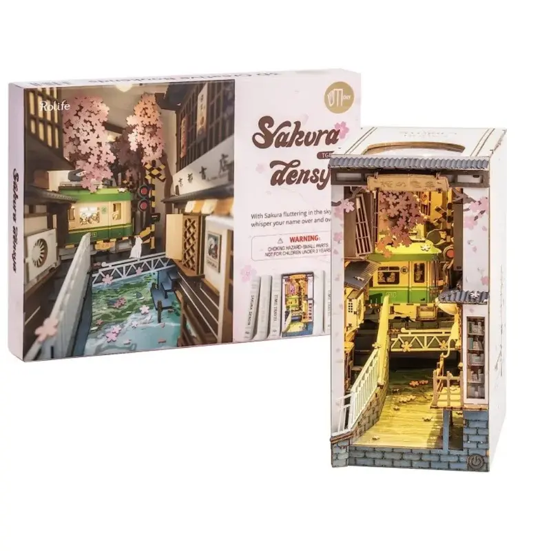 DIY Bookstore Series Japanese-style Cherry Blossom Tram Wooden Miniature House with Furniture Dollhouse Kit Toy