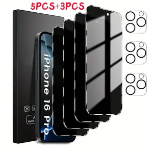 5PCS+3PCS Privacy screen protector for is suitable for iPhone 16 13 14 15 16E Plus Pro Max 5-piece privacy screen, spy-proof, full-coverage screen, toughened glass protective film and 3-piece camera case. Cellphone Protection
