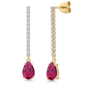 Gem Stone King 14K Yellow Gold Gemstone Birthstone and White Lab Grown Diamond Long Liner Dangle Earrings for Women | Pear Shape 8X5MM | Yellow Gold Chain Drop Earrings