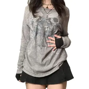Women Y2k Gothic Graphic Shirt 90s E-Girl Vintage T-Shirt Long Sleeve Fairy Grunge Baggy Shirt Oversized Sweatshirt Party Streetwear