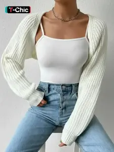 Women's Solid Raglan Sleeve Open Front Crop Shrug Cardigan, Casual Long Sleeve Knitwear for Spring & Fall, Fashion Women's Knit Clothing for Daily Wear Womenswear