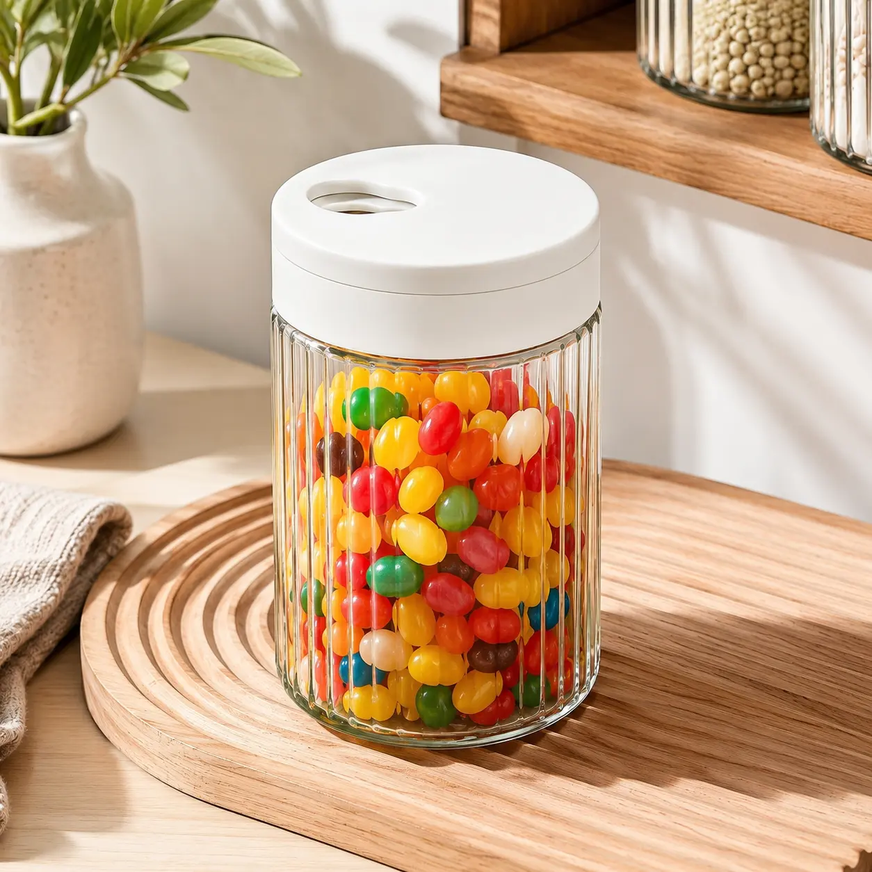 Airtight Glass Storage Jar with 1-Hand Twist Pour Lid, BPA-Free Kitchen Canister for Coffee, Sugar & Snacks