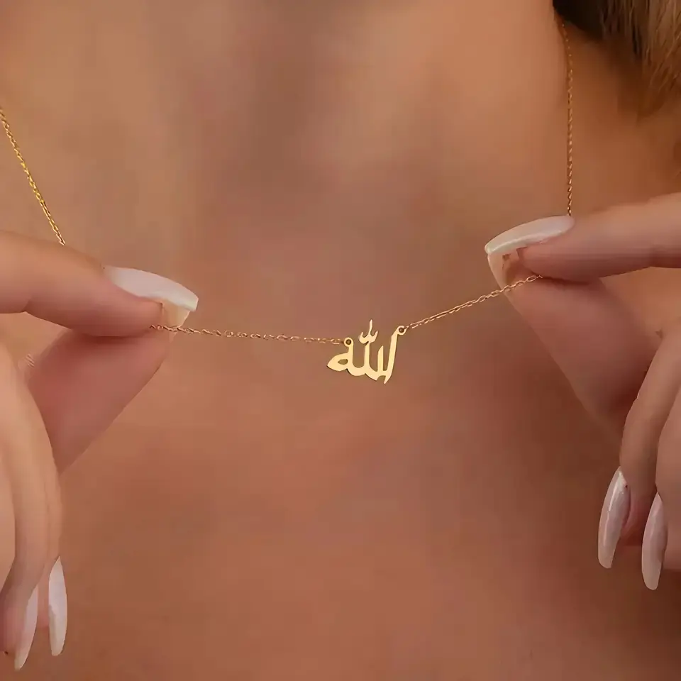 Personalized Arabic Name Necklace, Stainless Steel Gold - Tone Jewelry, Custom Nameplate for Women's Daily & Elegant Wear
