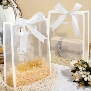 12pcs Transparent Plastic Gift Bags with Handles, Gift Wrapping Supplies, Reusable PP Bags with Ribbons, Ideal for Weddings, Birthdays & More, 7x10x3.15 Inches