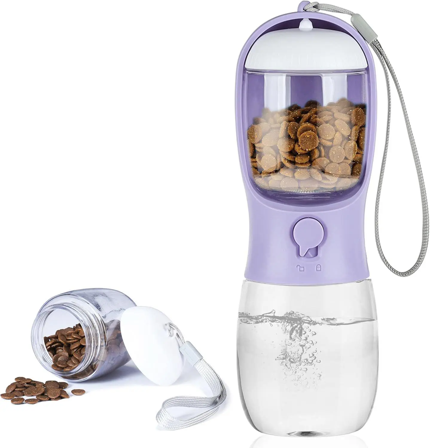 Leakproof Portable 10oz ABS+PC BPA-Free Dog Water Bottle - 2-in-1 Pet Travel Bowl Dispenser with Detachable Lanyard, 100g Snack Comp., 1-Hand Operation, Food Storage, Poop Bag Holder, Dishwasher Friendly Summer Outdoor Walking Accessory (Lavender Purple)