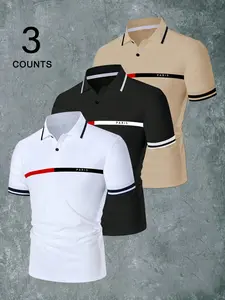 3Pcs Men's Slim Fit White Paris Print Polo Shirt, Red Black Contrast Stripe Turn-Down Collar Business Casual Short Sleeve,  Color Block Design, Comfortable & Stylish, Perfect for Daily Wear