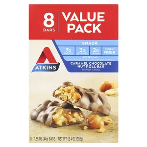 Atkins Snack, Caramel Chocolate Nut Roll Bar, 8 Bars, 1.55 oz (44 g) Each