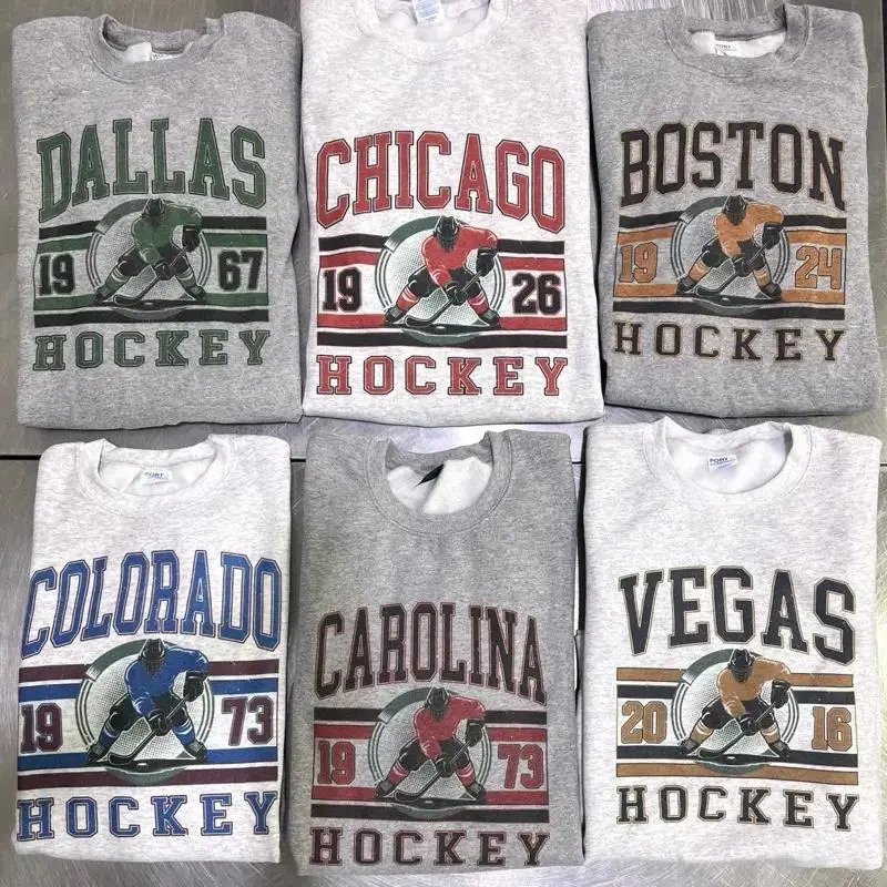 Vintage Hockey Graphic Sweatshirts Sports Hockey City Pullovers Retro Sports Sweatshirts Casual Hockey Game Top