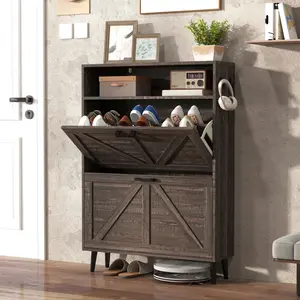 Farmhouse Shoe Storage Cabinet with Barn Door Design, Shoe Organizer with 2 Flip Drawers, Freestanding Narrow Shoe Rack Cabinet with Hooks for Entryway,Foyer,Hallway,(Dark Oak)