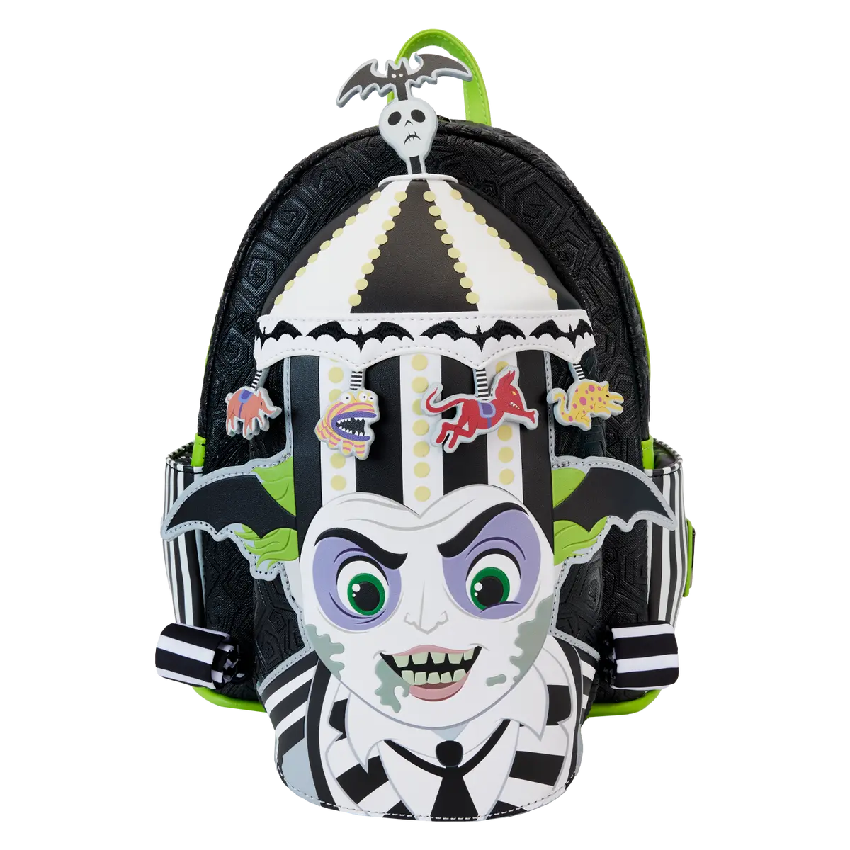 Beetlejuice Carousel Hat Glow-in-the-Dark Cosplay Mini Backpack, Polyurethane Character Backpack with Stripes, Animated Character Element Bag with Zippers, Character Backpacks, Animated Character Element Backpacks