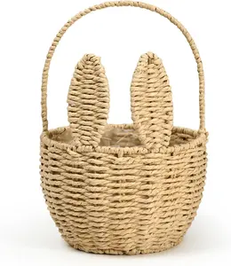 Easter Bunny Basket with Handle Wicker Bunny Ears Picnic Basket Sturdy Rattan Woven Rabbit Storage Container for Easter Gifts Egg Hunt Flower Candy Organizer Spring Party Decor