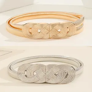 Women Elastic Stretchy Skinny Thin Waist Belt Ladies Fashion Elegant Geometric Buckle Waistband Golden Silvery Versatile Women's Belt for Dresses Coats Daily Outfits Fashion Clothes Accessory