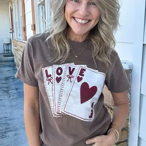 Queen of Hearts Chocolate Comfort Color T-Shirt with Love Design and Heart Pattern Casual Top