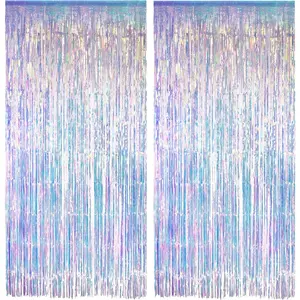 Iridescent Party Streamers Backdrop Neon Transparent Holographic Tinsel Foil Fringe Curtain for Mermaid/Frozen/Sea/Euphoria/ERAS Party Theme Decorations 2 PCS