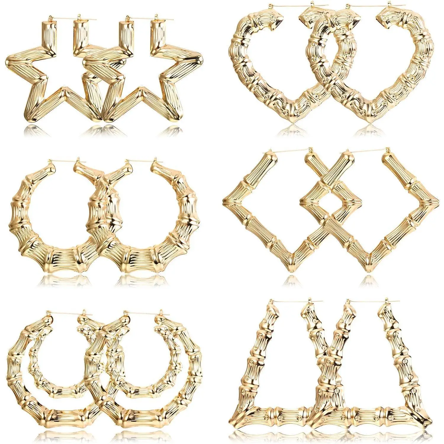 FLORIDECO 3-6 Pairs Geometric Earrings Hip-Pop Style Large Bamboo Hoop Earrings for Women Fashion Party Accessory Daily Lightweight Comfortable Durabl