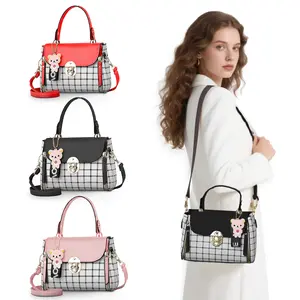 Sling Bag Small Crossbody Backpack Purse Fashionable Plaid Handbag Casual Versatile Shoulder Bag for Daily Used Trendy All-match Commuter Bag Perfect Gift for Girls Women with Adorable Bear Charm