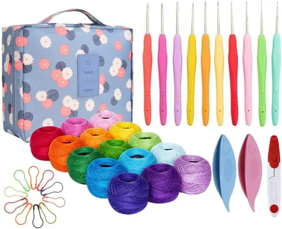 15 Crochet Thread Balls & 10 Lace Crochet Hooks with Storage Bag, 100% Cotton Thread with 2 Tatting Shutters Tools