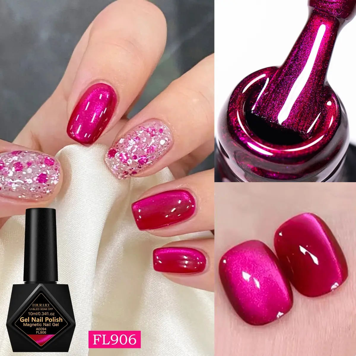 10ML FourLily Dragon Fruit Purple-Red Cat-Eye Gel Nail Polish, Gel polishes - Winter Glitter Magnetic Uv Light Gel Long-lasting Soak Off UV/LED Gel Nail Varnish for Beginners Nail Art Home Salon Manicure Design Ideal Gift for Women