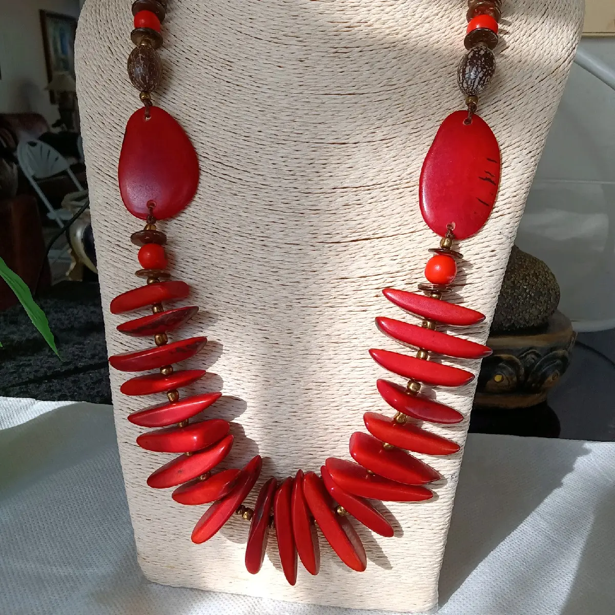 Tagua nut Necklace, Red, bronze beads, adjust. length handmade in Ecuador