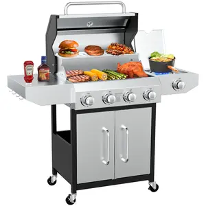 [SummerVibes] BESTFIRE Portable BBQ Grill – 4 Burners + Side Burner, 60,000 BTU Stainless Steel Flat Top with Porcelain Cast Iron Grates for Patio and Camping outdoor gas stove barbecue