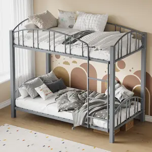 Garvee Twin Over Twin Bunk Bed with Stairs and Arched Guardrail, Sturdy Metal Slat Support, Space-Saving Design, Noise-Free, No Box Spring Needed, Ideal for Bedrooms and Small Spaces, Gray Finish