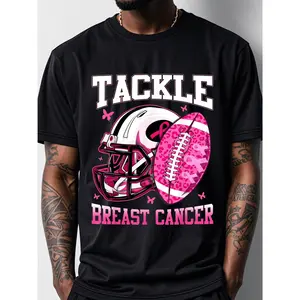 [100% Cotton] Men'S "Tackle Breast Cancer" Awareness T-Shirt - Black With Pink Helmet & Football Graphic, 100% Cotton, Crew Neck, Short Sleeve For Casual Wear T-Shirt For Men And Women