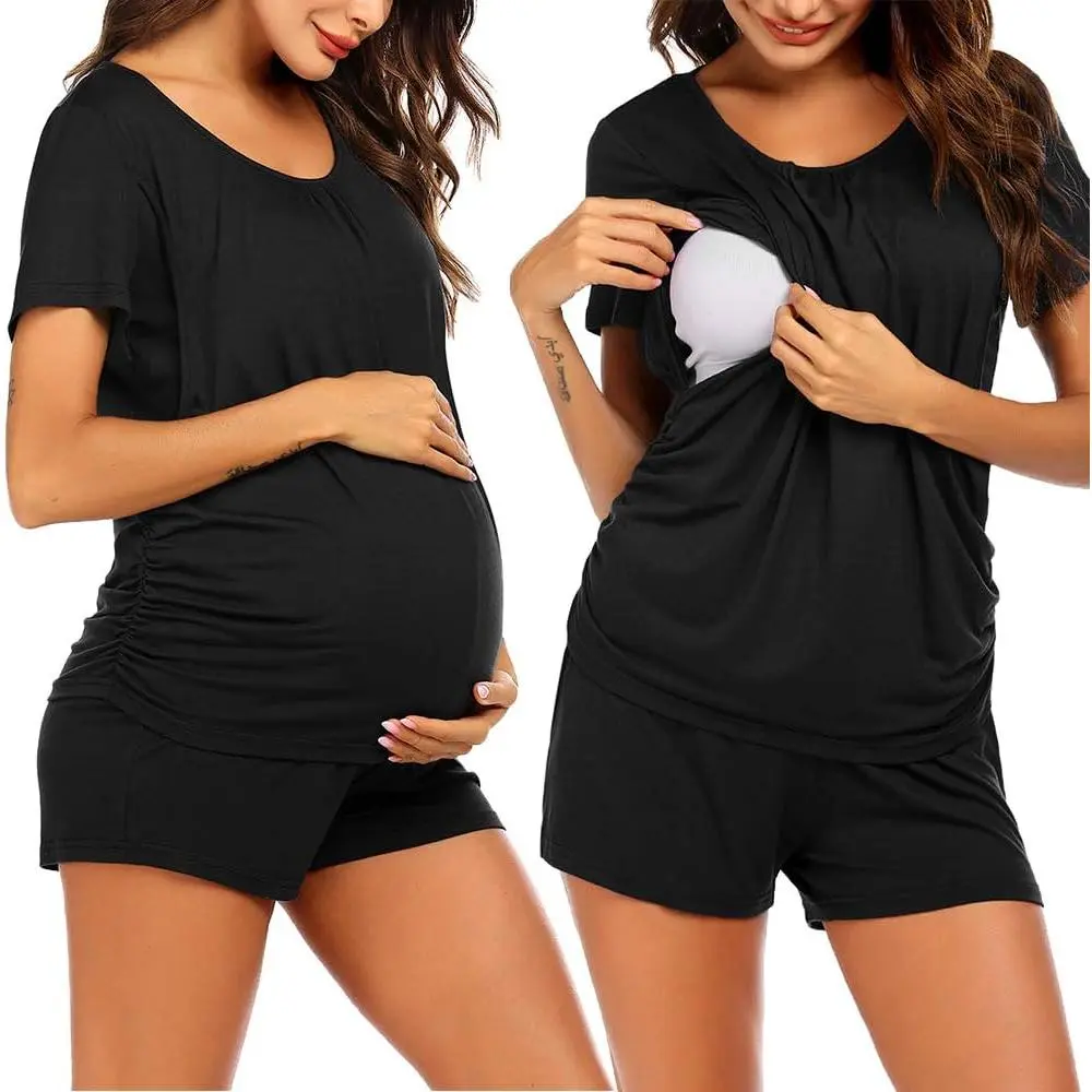 Women's Maternity Pajama Set, Soft Short Sleeve Layered Nursing Top and Shorts, Ruched Maternity Clothing for Postpartum Lounging, Postpartum Outfits, Casual Fit Maternity, Nursing Shirts
