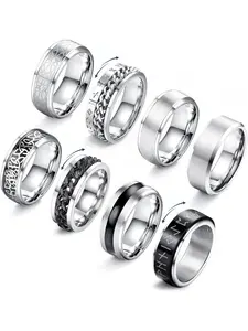 8 Pcs High Polished Stainless Steel Rings for Men, Vintage Spinning Fidget Rings Size 7-13, Suitable for Wedding Engagement, Engraved Ring, Statement Rings