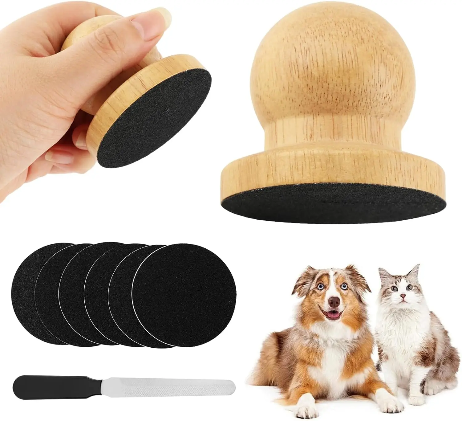 Dog Nail File Scratch Board Set, Round Wooden Paw Scratch Board, Includes 6 Replaceable Sandpaper Discs and Pet Claw File, Nail Care Grooming Tool for Dogs, Helps Smooth Claws