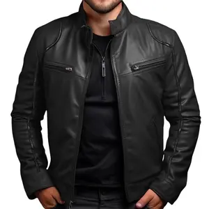 Men's Stand Collar Faux Leather Jacket Casual Zip Up