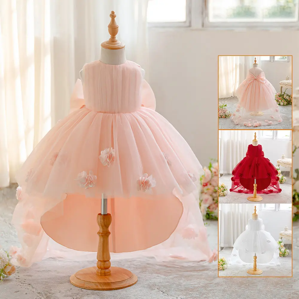 6M-3Y Maroon 3083 Anniversary Baby Girls Clothes Infant Trailing Skirt 3D Floral Mesh Bow Ball Gown Birthday Cocktail Dress Toddler Pageant Newborn Ball Gown Princess Baptism Frock