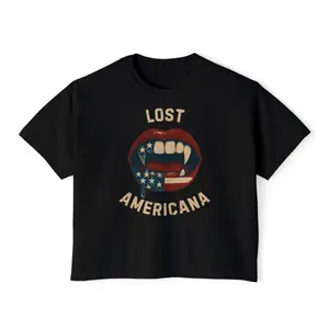L0st Americana Vampire Fangs Women's Short Boxy T-Shirt, American Flag Lips Shirt, Distressed Patriotic Vintage USA Shirt