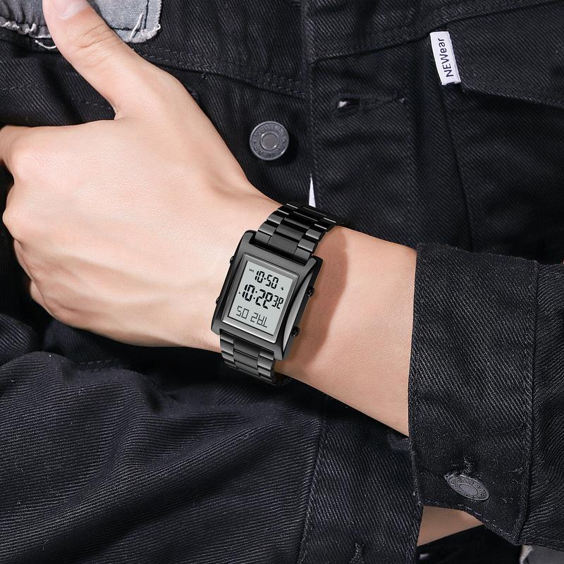 SKMEI Square Digital Watch Gold Stainless Steel Strap Classic Elegant Modern Trendy Multi-functional 3ATM Waterproof LED Backlight Dual Time Zone Stopwatch Countdown Timer Alarm Clock Date Display