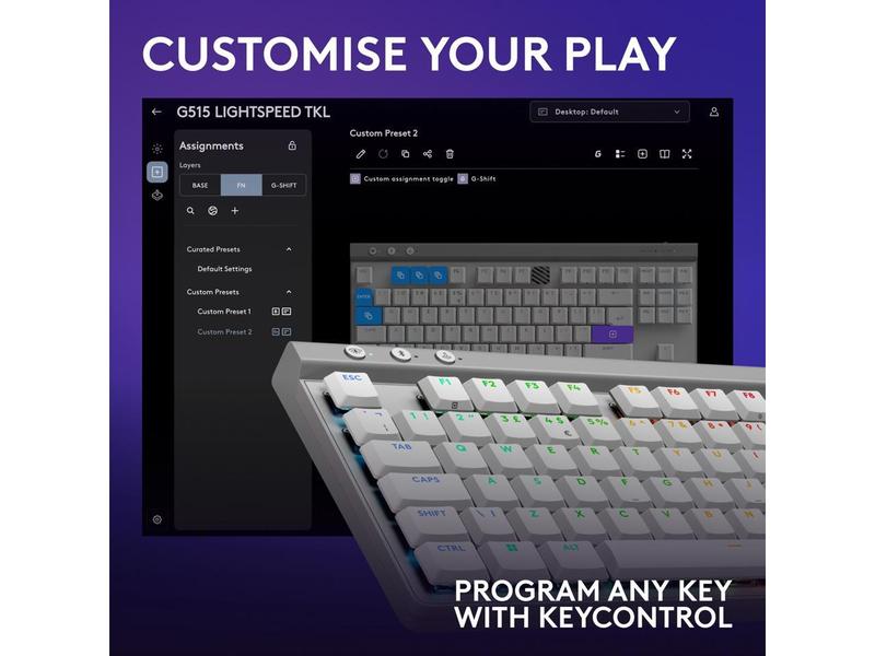 Logitech G515 LIGHTSPEED TKL Low Profile Wireless Gaming Keyboard - GL Brown Tactile Switches, LIGHTSYNC RGB, Thin Tenkeyless Design, PBT Keycaps - White