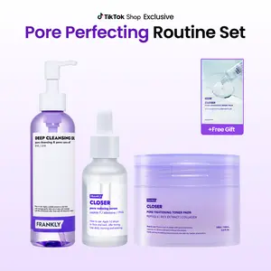 [FRANKLY] Korean Pore Perfecting Set – Closer Serum, Toner Pads & Deep Cleansing Oil | 9 peptides, Vegan Collagen for Anti-Aging, Hydrating | Vegan Korean Skincare Set