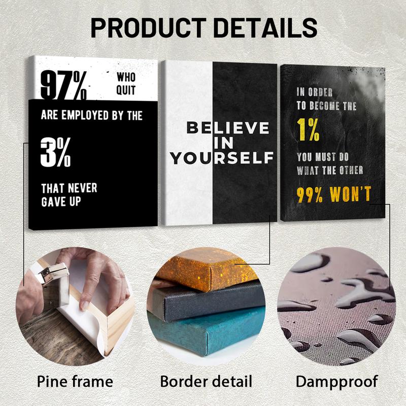3pcs Wooden Framed Canvas Wall Art, GRIND, EXECUTION, HUSTLE Modern Classic Art Deco Style, Waterproof & Odorless HD 8K Print, Indoor/Outdoor Home Decor for Living Room, Bedroom, Office - Perfect Gift for Friends & Family
