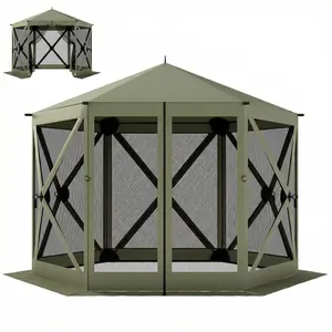 10 x 11 Foot Dark Green Pop Up Gazebo Screen Tent Portable Instant Camping Canopy Screen House with Nettings Carry Bag for 6 8 People Backyard BBQ Beach Picnic