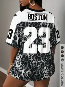 Women's Loose Leopard Print Football Sports Shirt, Sport Jersey, Stylish Jersey, Number 23 and Win Logo, Fashion Street Style, Daily Wear and Game Party, Jersey Tee, Jersey Shirts, Sports Top