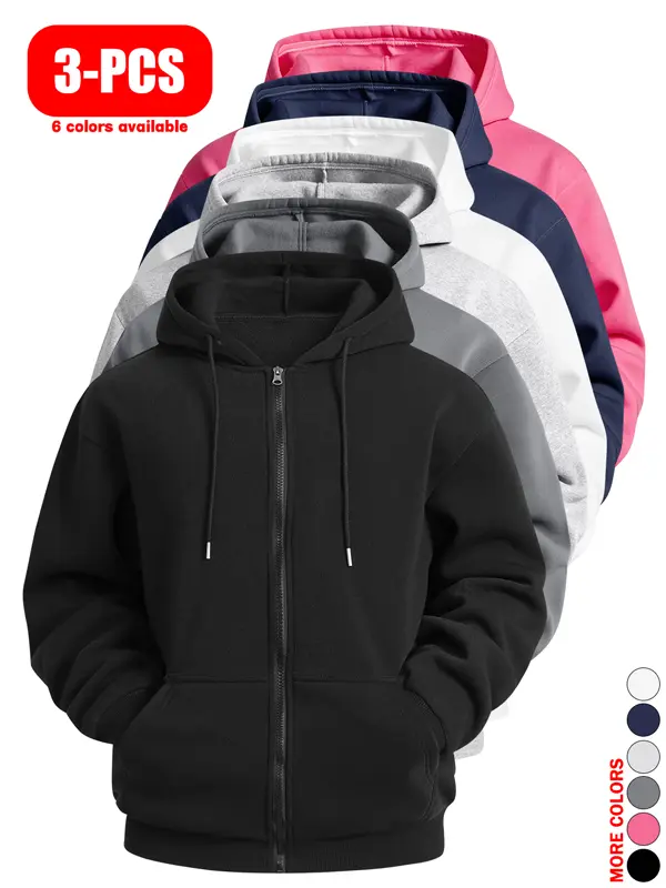 3-Pack Loose Men’s Hooded Zip-Up Sweatshirts for Spring/Autumn – Comfortable, Skin-Friendly Tops with Zipper Closure, Relaxed Slouchy Style, Versatile for Commuting and Casual Wear