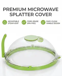 Tiny Kitchen Finds microwave splatter cover 26cm wide 13cm high. Steam vent stops oil splatters and retains food moisture. Food grade heat resistant reusable and easy to clean practical microwave kitchen gadget for daily reheating Green Lightweight