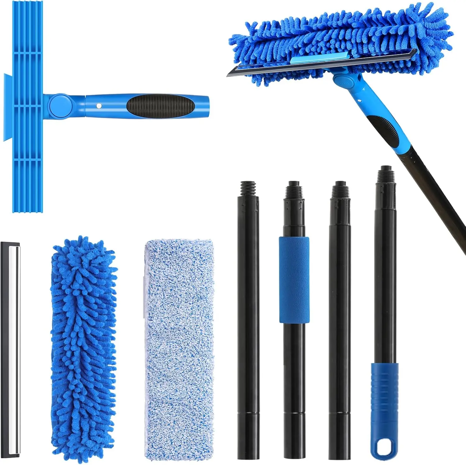 69-in Professional Window Squeegee Cleaner Tool with Extension Pole, 2-in-1 Cleaning Kit Set with Rotating Head, Scrubbing Scrubbers and 1 Blade for Car Washing & Maintenance