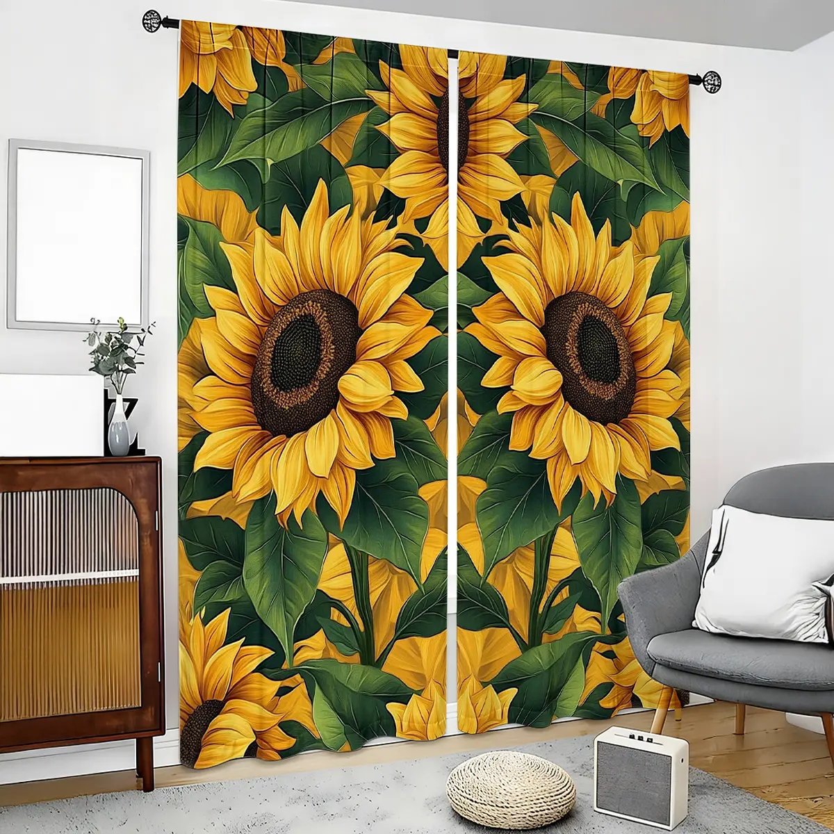 2pcs 100% Blackout Curtains With Thermal Insulation Lining, Sunflower Printed Polyester Fabric, Yellow Pocket Living Room Drapes, Suitable For Bedroom, Kitchen, Bathroom(/25/52 Wide Each Panel,60inch or 84inch Length)
