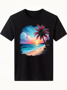 Men's Vintage Hawaiian T-Shirt - Moisture-Wicking Short Sleeve with Turquoise Ocean & Palm Tree Print, Casual Round Neck Summer Beach Shirt Suitable for Surfing, Pool Parties, Hawaiian Luau Events - Black