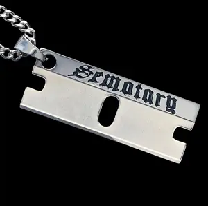 Sematary Razor Necklace 1.25" Etched Mirror Polished Haunted Mound Pendant in Solid 316L Surgical Stainless Steel with Black Enamel Chain Included