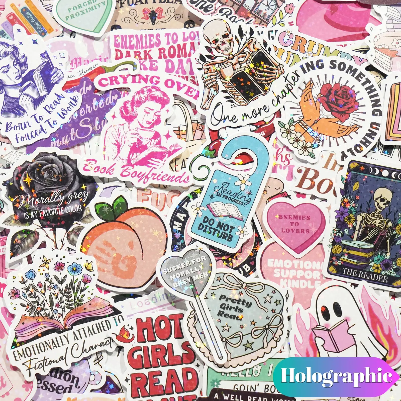 Romance Book Sticker, 150pcs/set Holographic Bookish Sticker, Reading Booktok Glitter Vinyl Decals for Laptop Ebook Readers Journal Scrapbooking Scrapbook Sticker Packs Book Reading Stickers