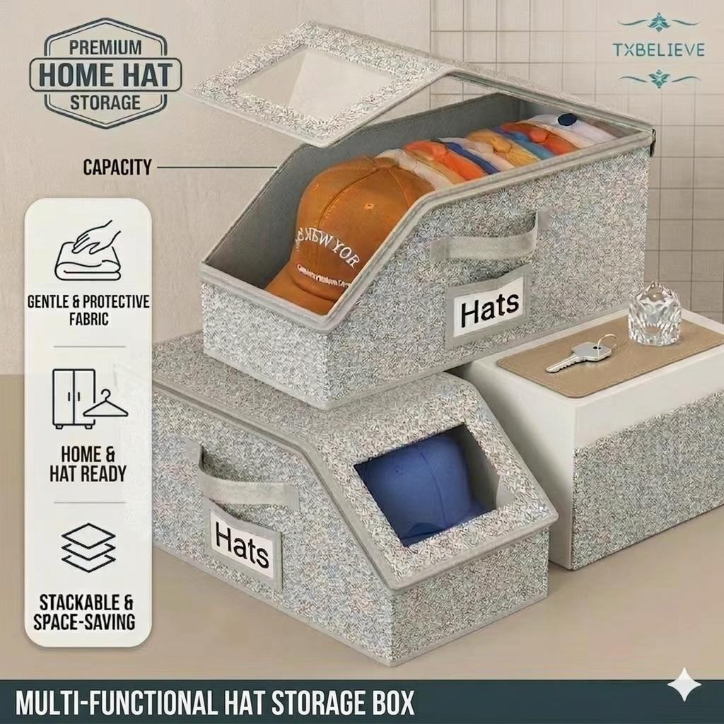 Stackable Hat Storage for Baseball Caps, Holds up to 24 Caps Hat Organizer for Closet, Sturdy Snapback Boxes