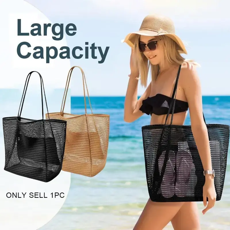 Foldable Large Capacity Beach Bag with Phone Pouch - Lightweight Mesh Gear Tote for Seaside, Sand, Vacation Travel Essentials, Net Bag